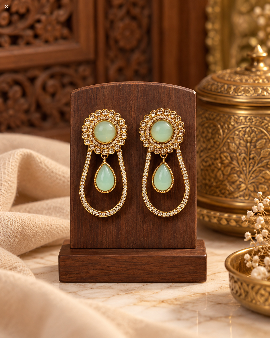 Mint Green Teardrop Statement Earrings with Crystal Halo – Elegant Gold-Tone Party Wear Jewellery