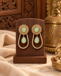 Mint Green Teardrop Statement Earrings with Crystal Halo – Elegant Gold-Tone Party Wear Jewellery