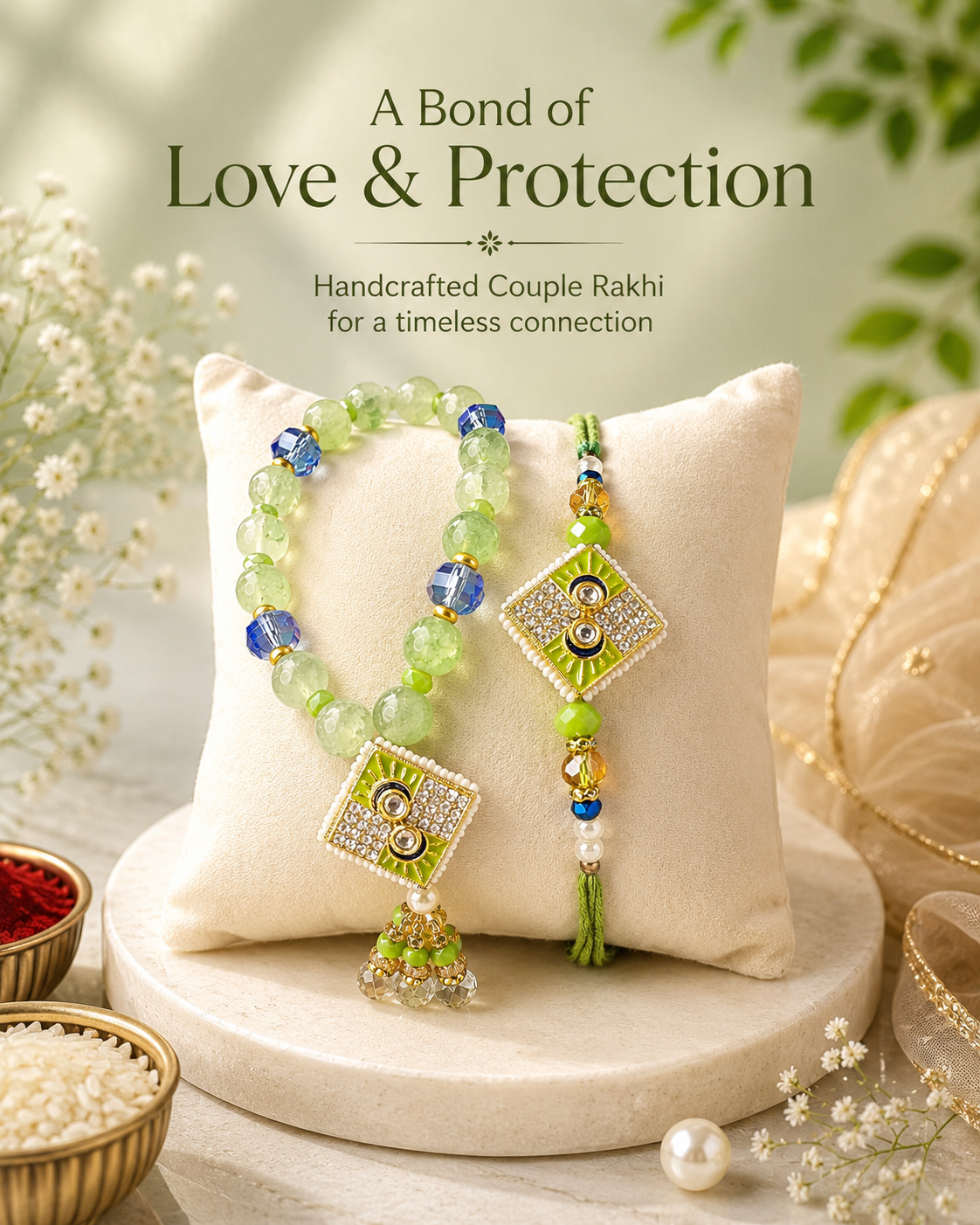 Handmade Couple Rakhi Set with Roli Chawal | Premium Designer Bhaiya Bhabhi Rakhi | Available in Green & Red | Raksha Bandhan Gift