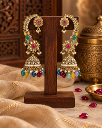 Multicolour Kundan Jhumka Earrings for Women | Traditional Gold-Tone Festive Jewellery