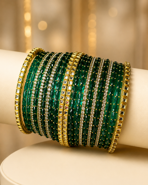 Emerald Green Designer Bangles Set with Crystal Stone Work