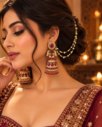 Traditional Pearl Chain Jhumka Earrings with Hair Chain for Women – Gold-Tone Ethnic Festive Jewellery | 3 Colour Variants