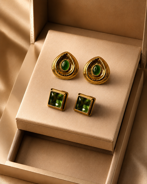 Premium Green Stone Earrings Combo Set of 2 | Gold Plated Studs