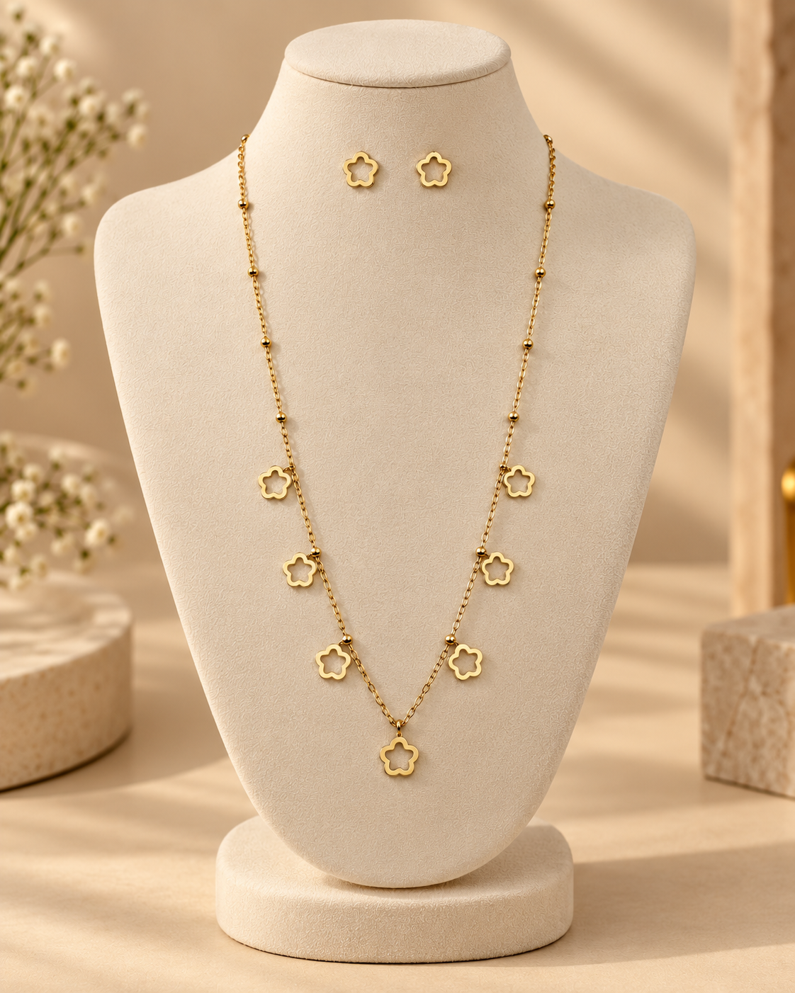 Anti-Tarnish Gold Flower Jewellery Set | Dainty Floral Necklace & Earrings Set for Women