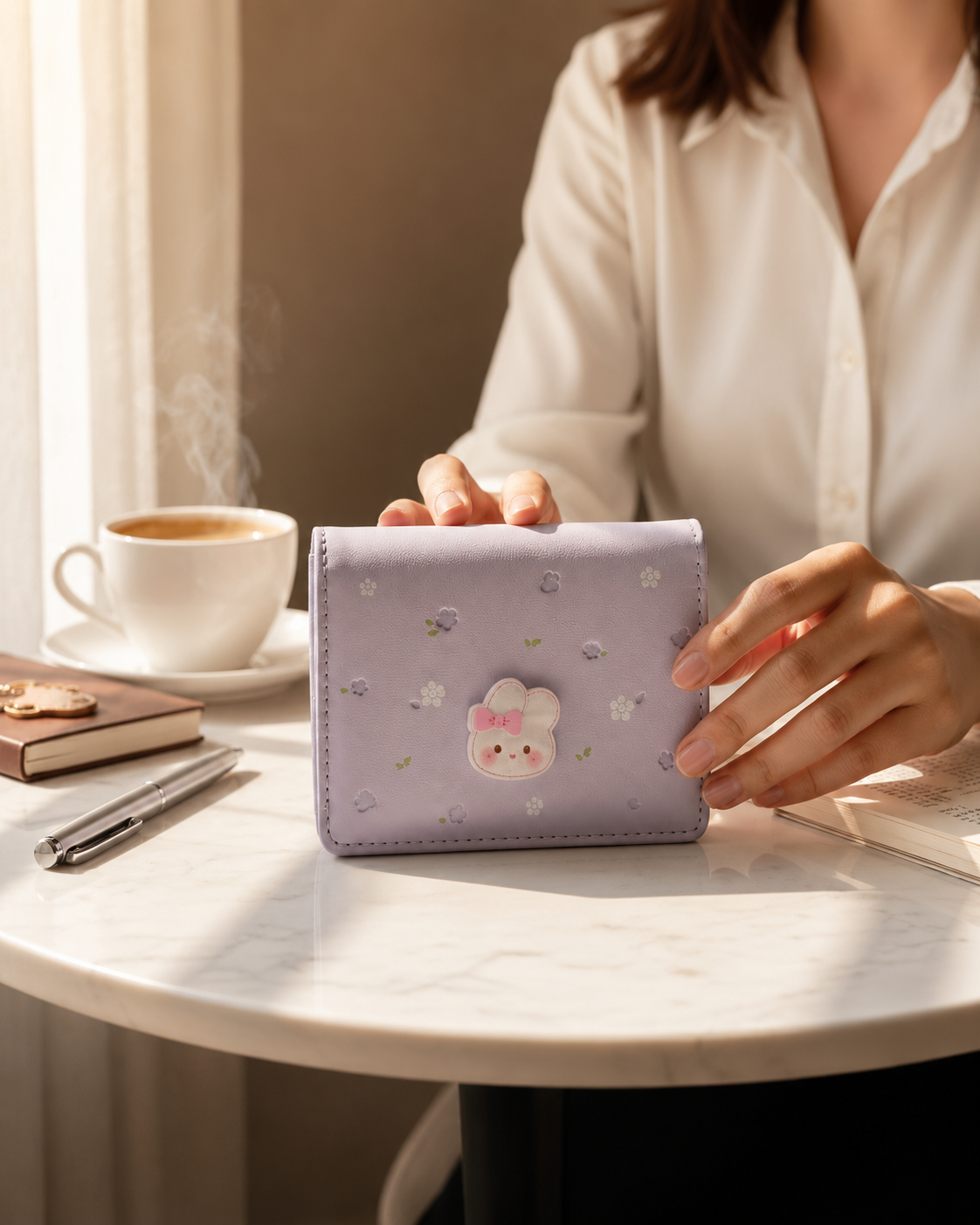 Cute Bear Three-Fold Wallet for Women & Girls with Card Slots & ID Window | Compact Kawaii Wallet