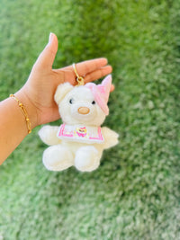 Cute Teddy Bear Plush Keychain | Soft Fluffy Bear Bag Charm with Bow & Loop | 2 Colours