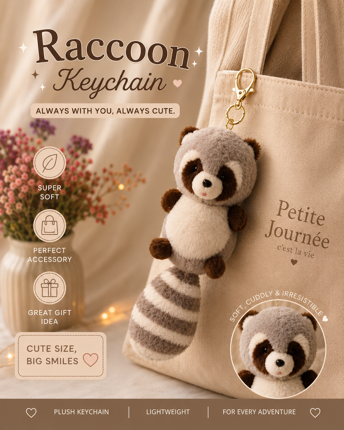Cute Raccoon Plush Keychain | Soft Stuffed Animal Bag Charm | Kawaii Raccoon Keyring