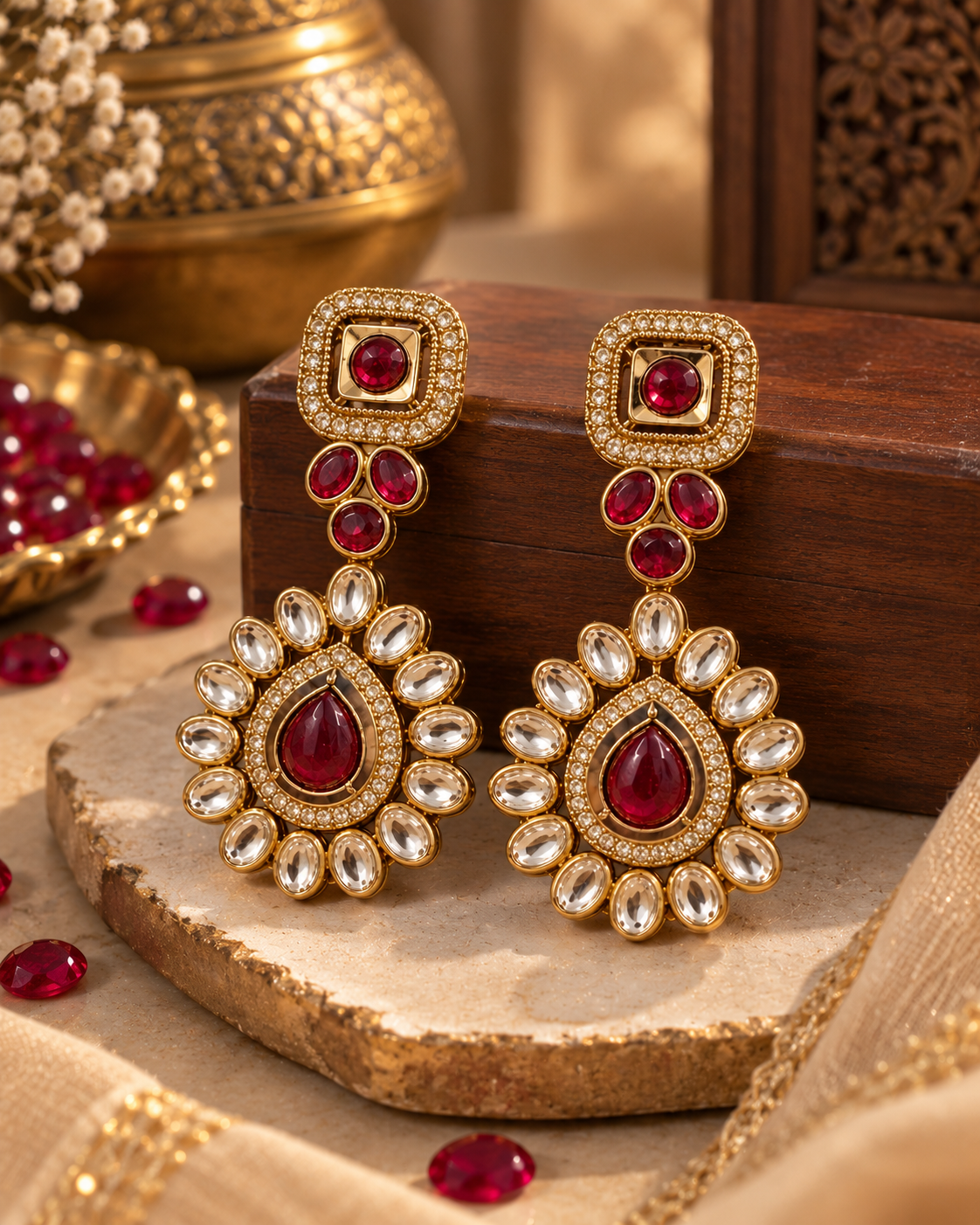 Festive Indian Earrings for Women, Minimalist Gold-Tone Red & Green Stone-Style Drop Earrings, Traditional Ethnic Jewellery for Karwa Chauth, Wedding, Diwali & Functions