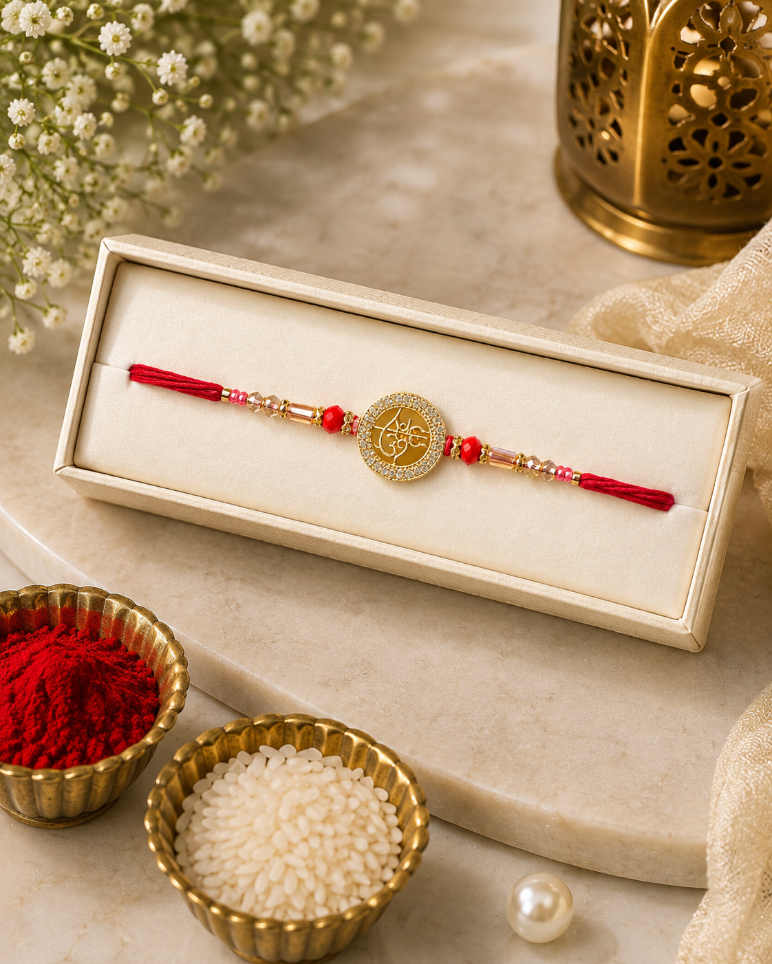 Premium Designer AD Rakhi for Brother | American Diamond Rakhi with Religious & Floral Motifs | Handmade Luxury Raksha Bandhan Rakhi Gift for Bhai | Jugnu Store