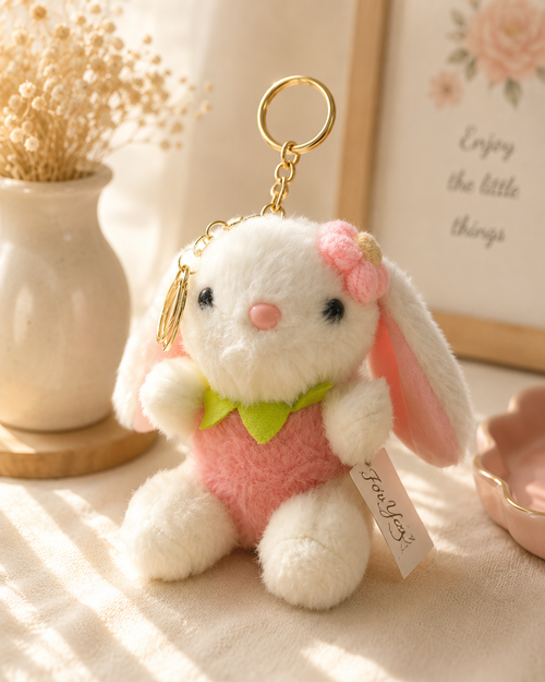 Cute Strawberry Bunny Plush Keychain | Soft Bag Charm & Keyring