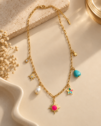 Gold Charm Necklace for Women | Multicolor Star, Pearl & Turquoise Charm Layered Necklace | Trendy Statement Jewellery