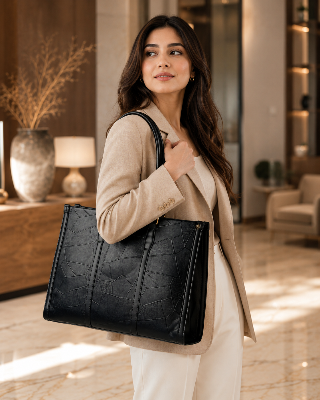 Black Textured Laptop Tote Bag for Women with Sling Strap