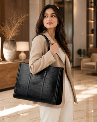 Black Textured Laptop Tote Bag for Women with Sling Strap