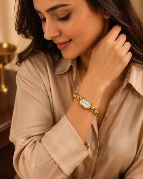 Anti Tarnish Gold Beaded Women’s Watch with White Dial | Luxury