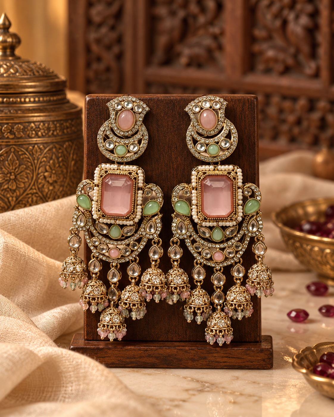 Premium Festive Indian Earrings for Women, Heavy-Look Lightweight Statement Earrings with Pink & Red Stones and Pearl Detailing for Karwa Chauth, Diwali, Weddings & Functions