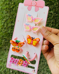 Navratri Kanjak Hamper Pack of 10, Girls Hair Accessories Set with 2-Colour Dry Clay & 2 Eclairs, Colourful Butterfly and Flower Hair Clips, Kanya Pujan Return Gift