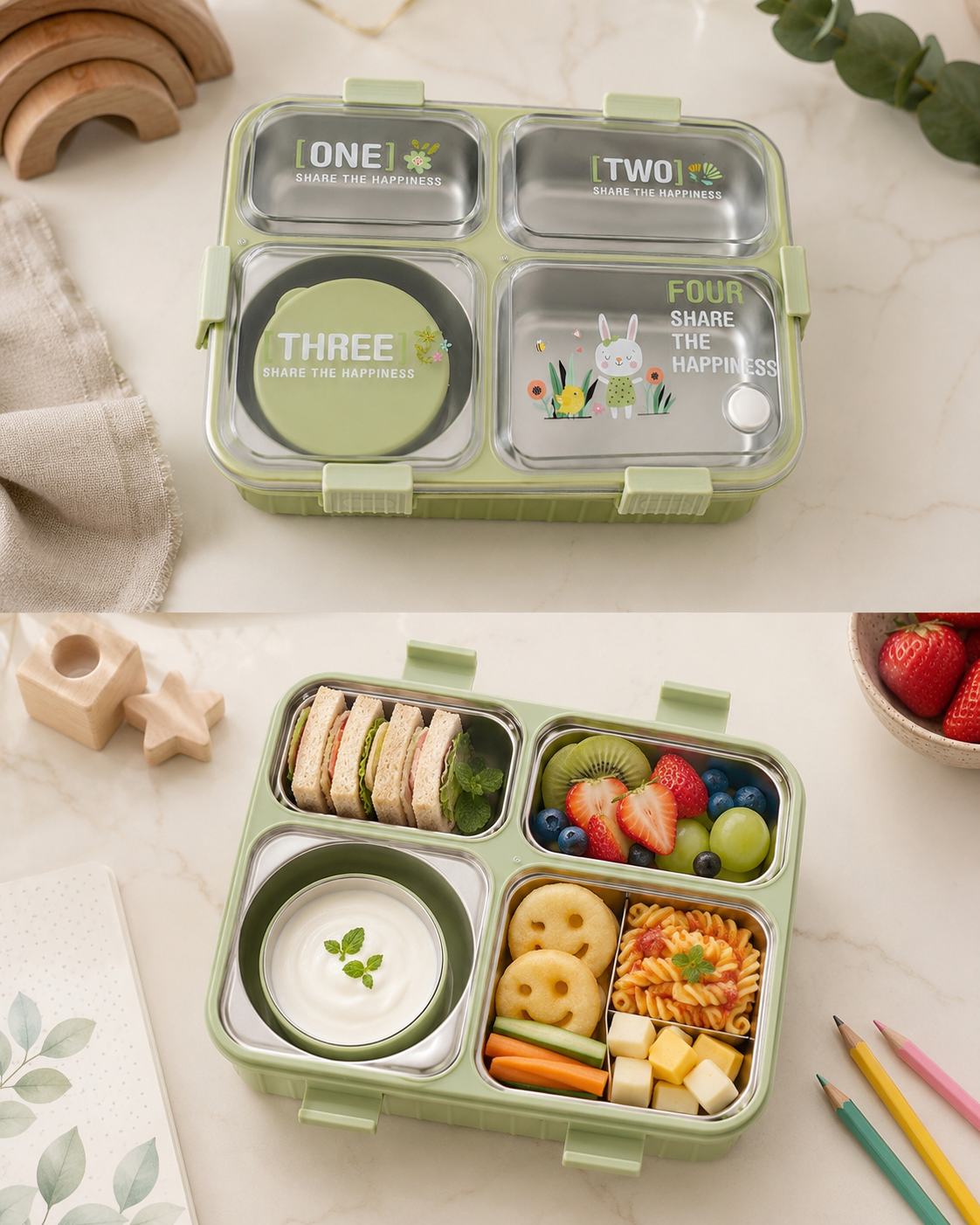 Kids Leakproof Stainless Steel Lunch Box with Snack Cup & 4 Compartments