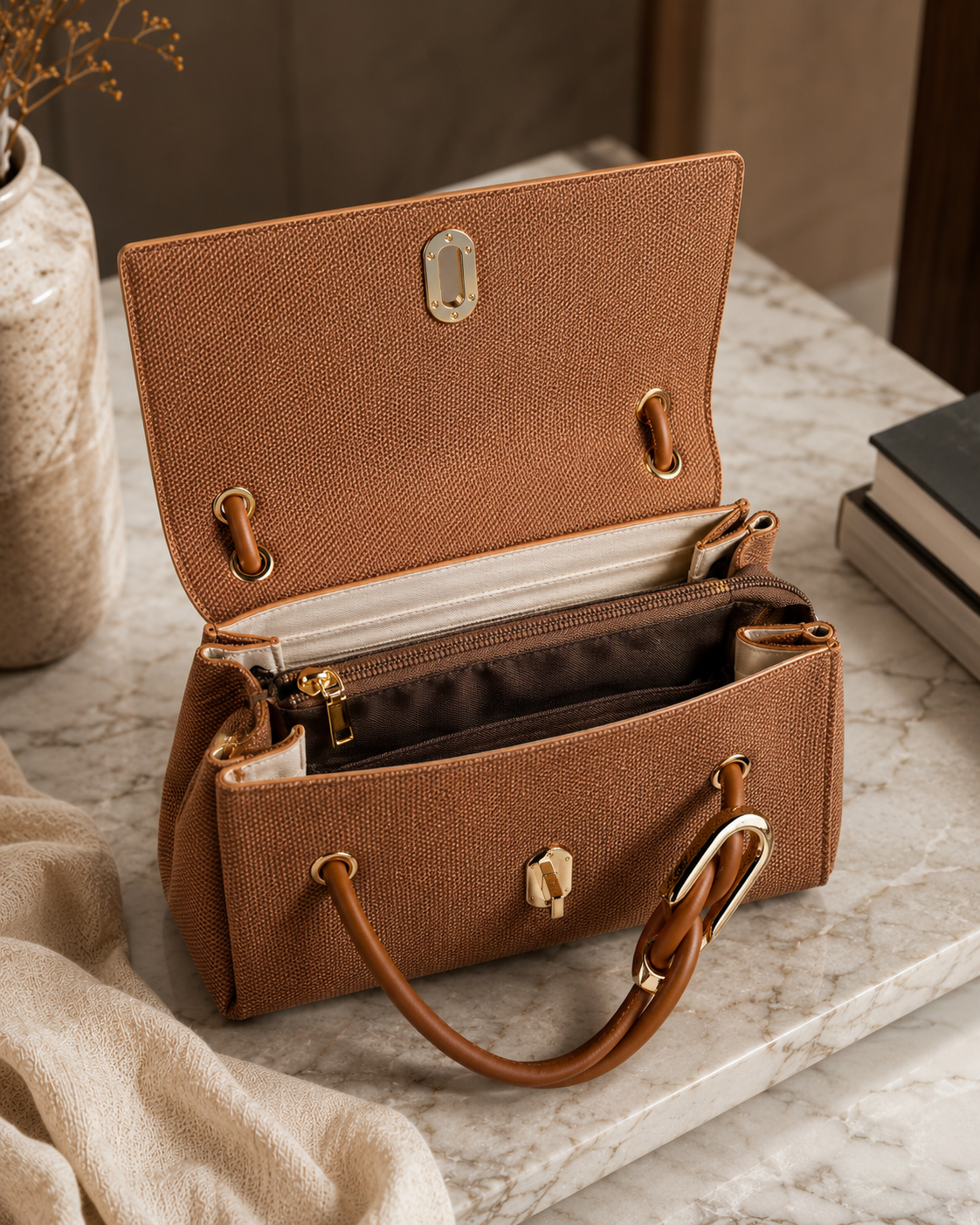 Elegant Textured Top Handle Handbag for Women with Sling Strap