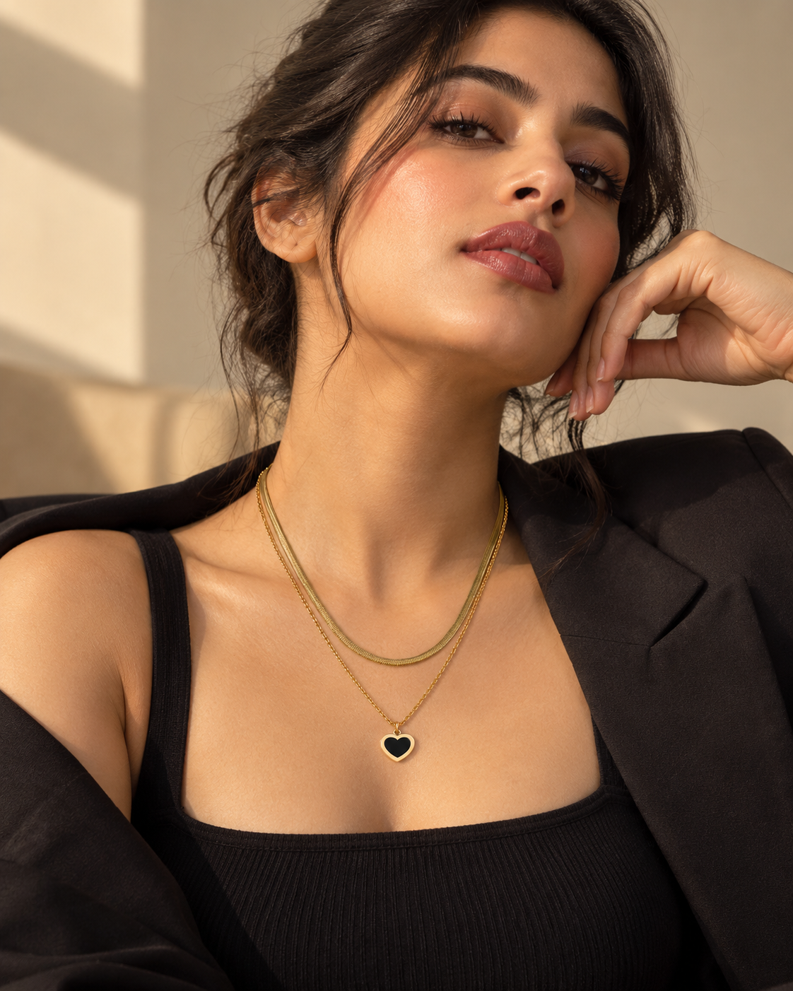 Gold Black Heart Layered Necklace for Women | Double Layer Chain with Black Heart Pendant | Trendy Minimalist Jewellery