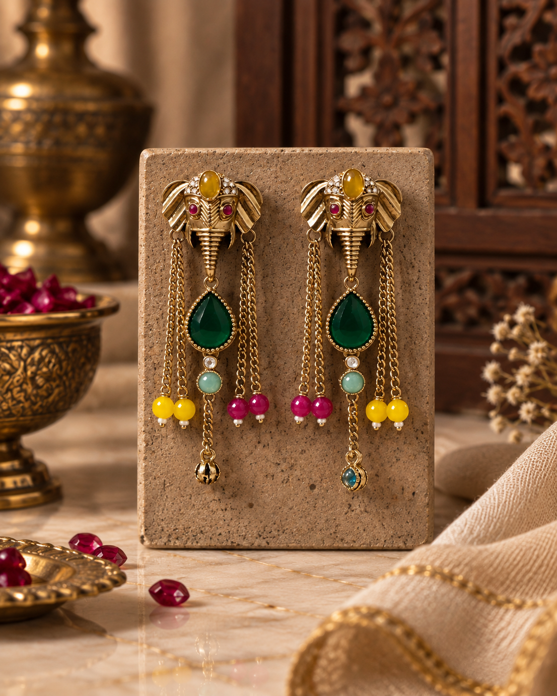 Elephant Earrings for Women, Traditional Indian Long Dangle Earrings with Elephant Motif, Multicolor Stone & Bead Detailing, Ethnic Statement Jewellery for Festive & Party Wear