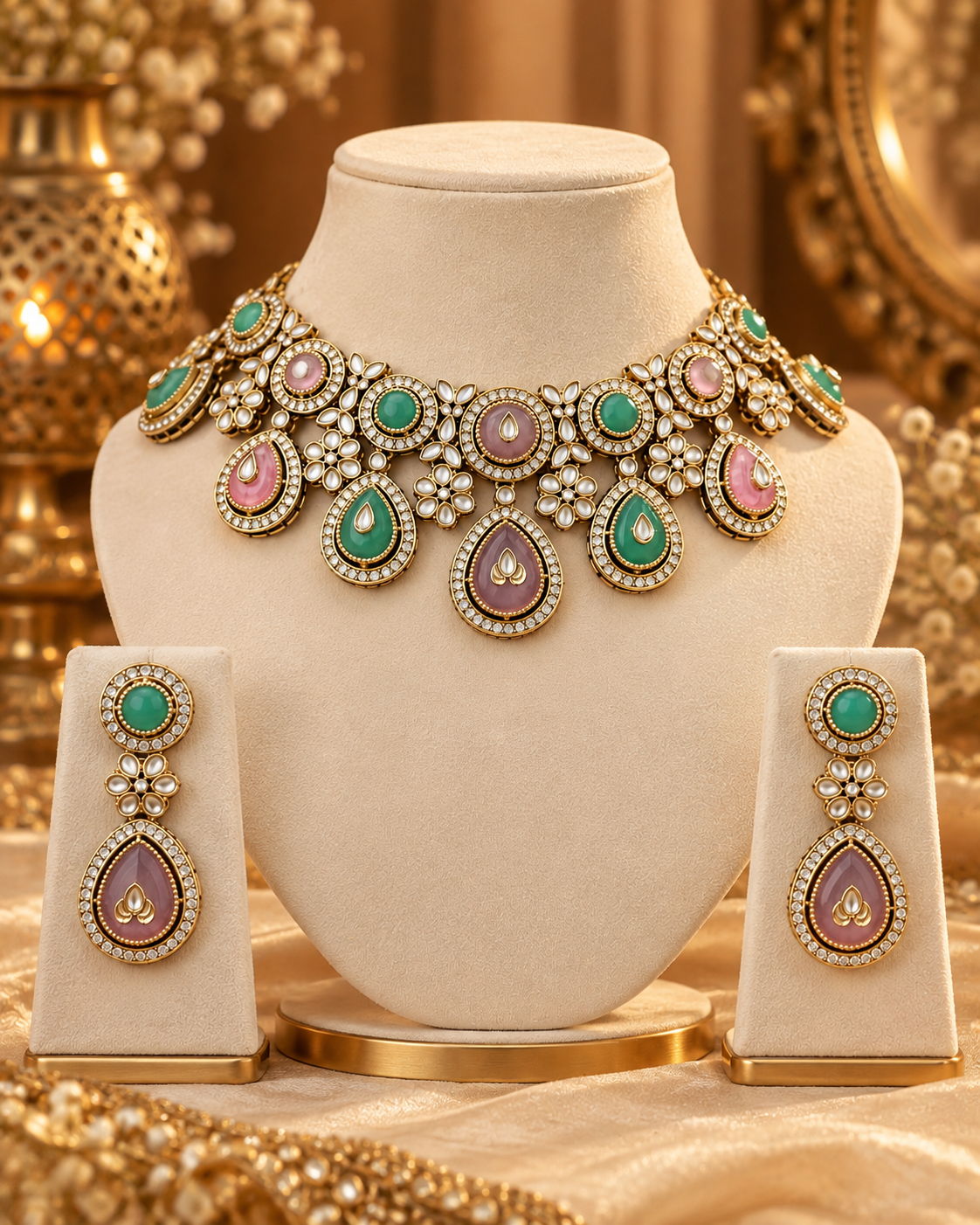 Premium Indian Necklace Set for Women with Earrings & Maang Tikka, Heavy-Look Lightweight Bridal Jewellery Set for Karwa Chauth, Diwali, Weddings & Festive Parties, Two Colours