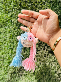 Crochet Doll Keychain with Pink & Blue Yarn Hair, Cute Doll Bag Charm and Backpack Charm for Girls, Boys & Gifting