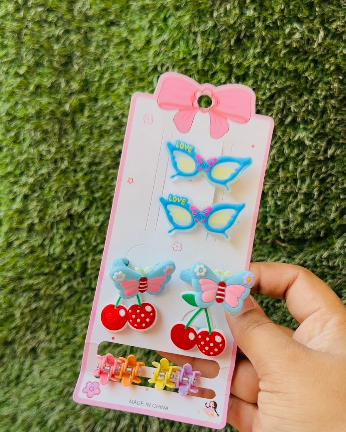 Navratri Kanjak Hamper Pack of 10, Girls Hair Accessories Set with 2-Colour Dry Clay & 2 Eclairs, Colourful Butterfly and Flower Hair Clips, Kanya Pujan Return Gift