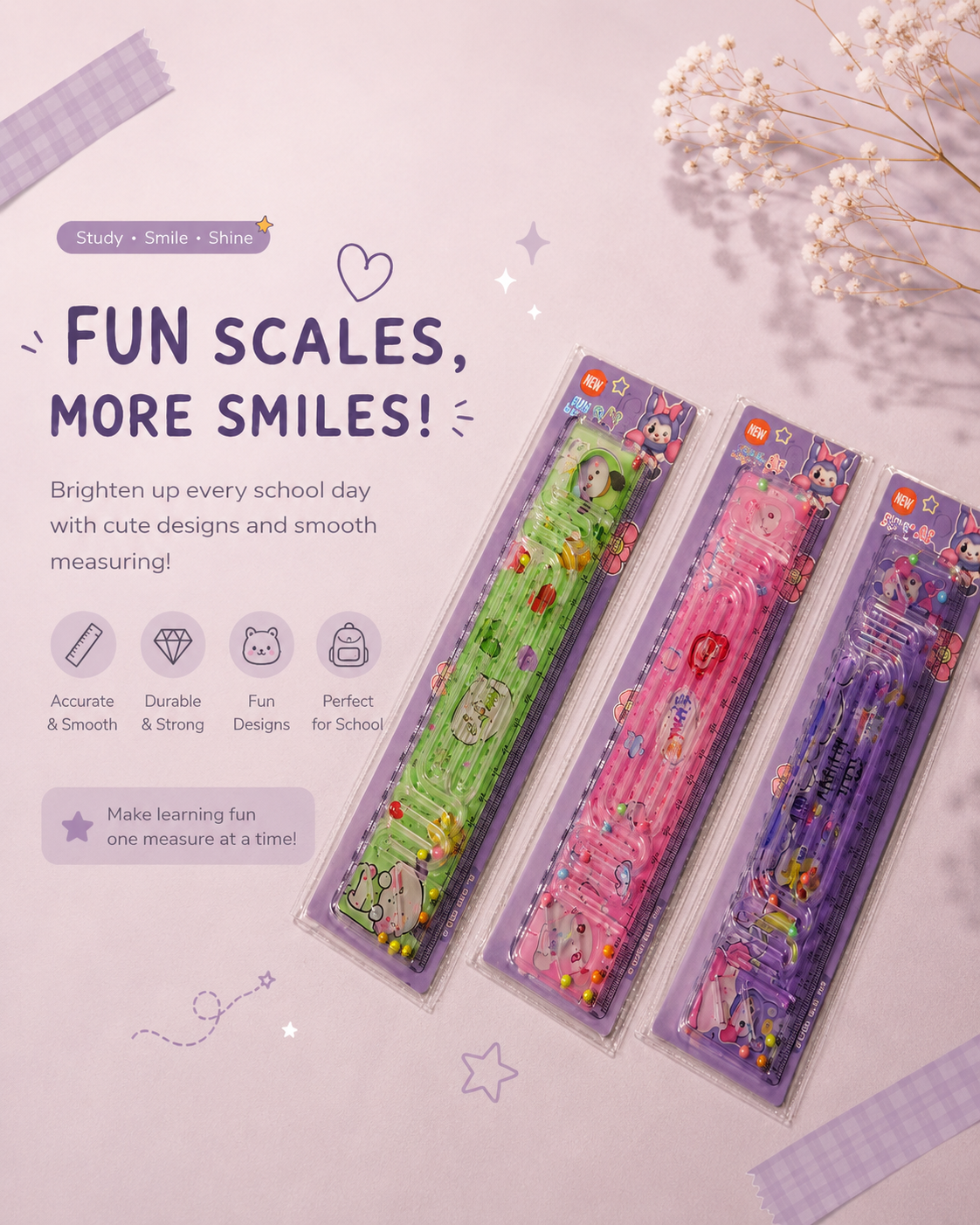 Cute Liquid Glitter Ruler for Kids | Kawaii Floating Beads Scale for School