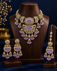 Premium Indian Lavender Necklace Set for Women with Earrings & Maang Tikka, Heavy-Look Lightweight Festive Jewellery Set for Karwa Chauth, Diwali, Weddings & Parties