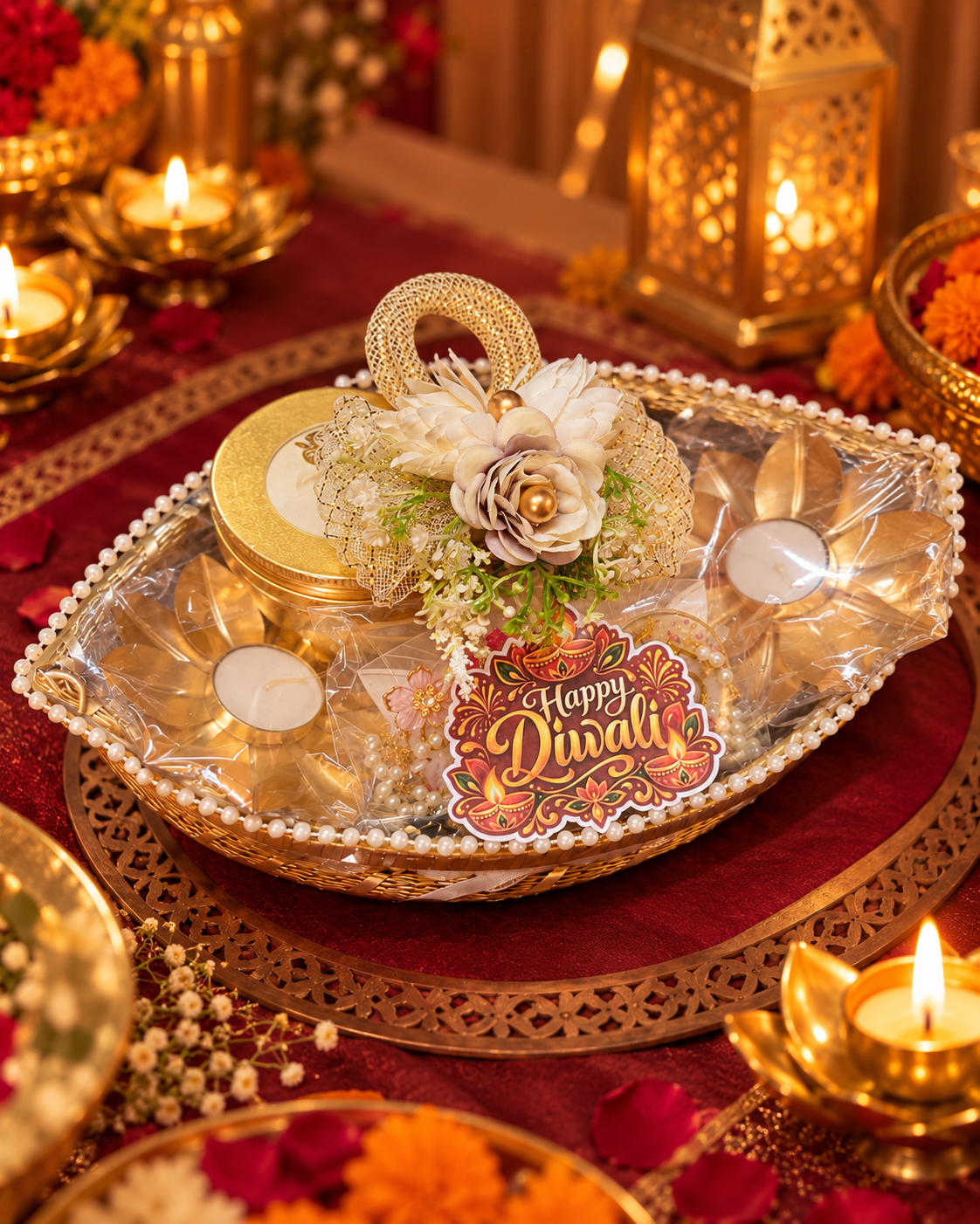Premium Diwali Gift Hamper with Lotus Candle Holders, Ladoo & Sutli Bomb Candles, Mug, Makhana, Beetroot Chips & Handmade Shubh Labh