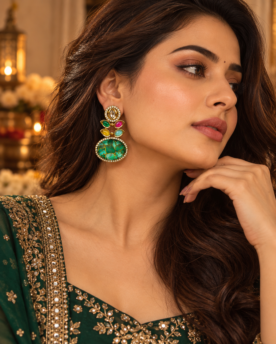 Unique Multicolour Statement Stud Earrings for Women – Emerald Green Marble Stone & Gold-Tone Design