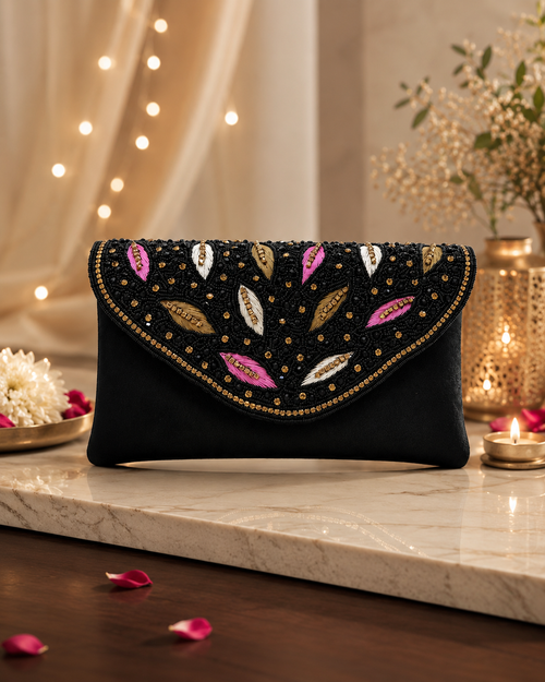 Black Handcrafted Embellished Clutch Bag | Party & Wedding Clutch