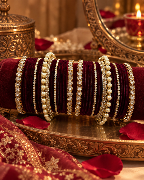 Wine Velvet Bangles for Women, Designer Stone Studded Kangan Set with Pearl & Gold-Tone Detailing, Bridal Wedding Jewellery for Festive Wear, Sizes 2.4 2.6 & 2.8