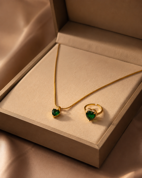 Anti Tarnish Emerald Heart Pendant & Adjustable Ring Combo