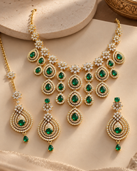 Premium AD Necklace Set for Women with Earrings & Maang Tikka, Heavy Festive Jewellery Set for Wedding, Karwa Chauth, Diwali & Party
