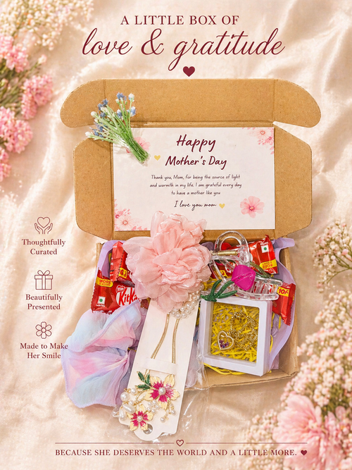 Premium Mother’s Day Gift Box | Scrunchie, Floral Hair Pin, Heart Pendant, Tulip Clutcher & Chocolates Hamper for Mom