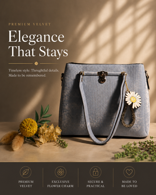 Premium Velvet Handbag for Women with 3 Compartments, Sling Strap & Floral Charm | Elegant Everyday Shoulder Bag