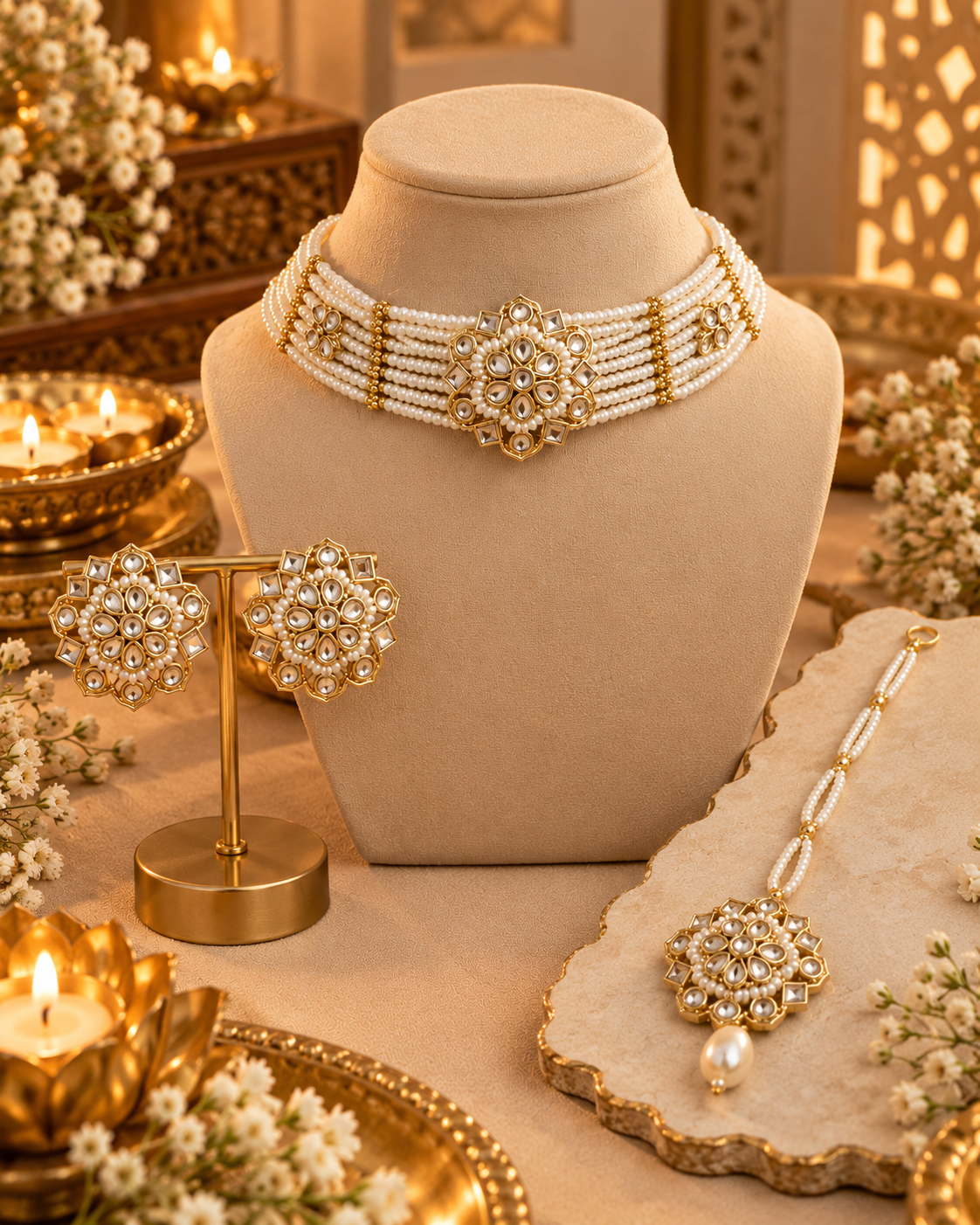 Pearl Style Choker Necklace Set for Women with Matching Statement Earrings, Multi-Strand Ethnic Jewellery for Wedding and Festive Wear
