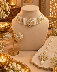 Pearl Style Choker Necklace Set for Women with Matching Statement Earrings, Multi-Strand Ethnic Jewellery for Wedding and Festive Wear
