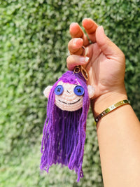 Crochet Doll Keychain with Purple Yarn Hair and Button Eyes, Cute Doll Bag Charm & Backpack Charm for Girls, Boys & Gifting