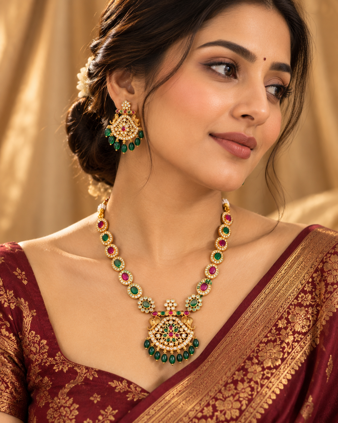 South Indian Style Necklace Set for Women, Multicolour Gold-Look Temple Jewellery with Necklace & Earrings, Traditional Wedding & Festive Jewellery