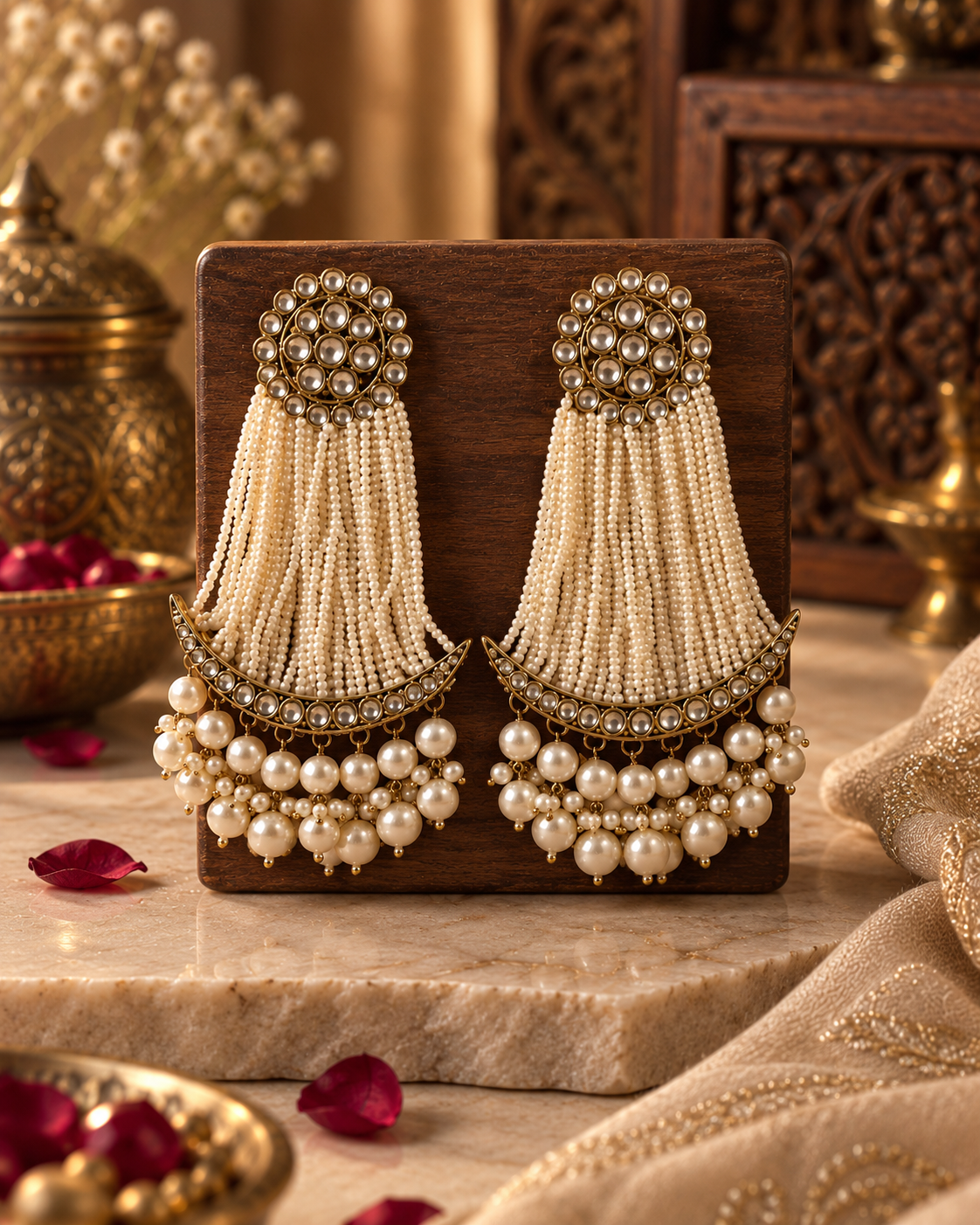 Pearl Chandbali Earrings for Women, Long Indian Ethnic Statement Earrings with Kundan-Style Stones & Pearl Drops, Traditional Wedding & Festive Jewellery