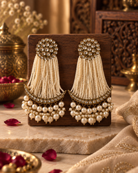 Pearl Chandbali Earrings for Women, Long Indian Ethnic Statement Earrings with Kundan-Style Stones & Pearl Drops, Traditional Wedding & Festive Jewellery