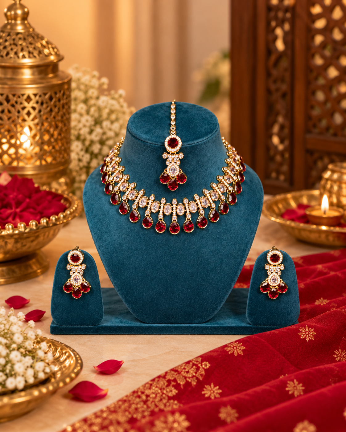 Indian Choker Necklace Set for Women with Earrings and Maang Tikka, Heavy Look Traditional Ethnic Jewellery for Wedding, Festive Wear and Party Occasions