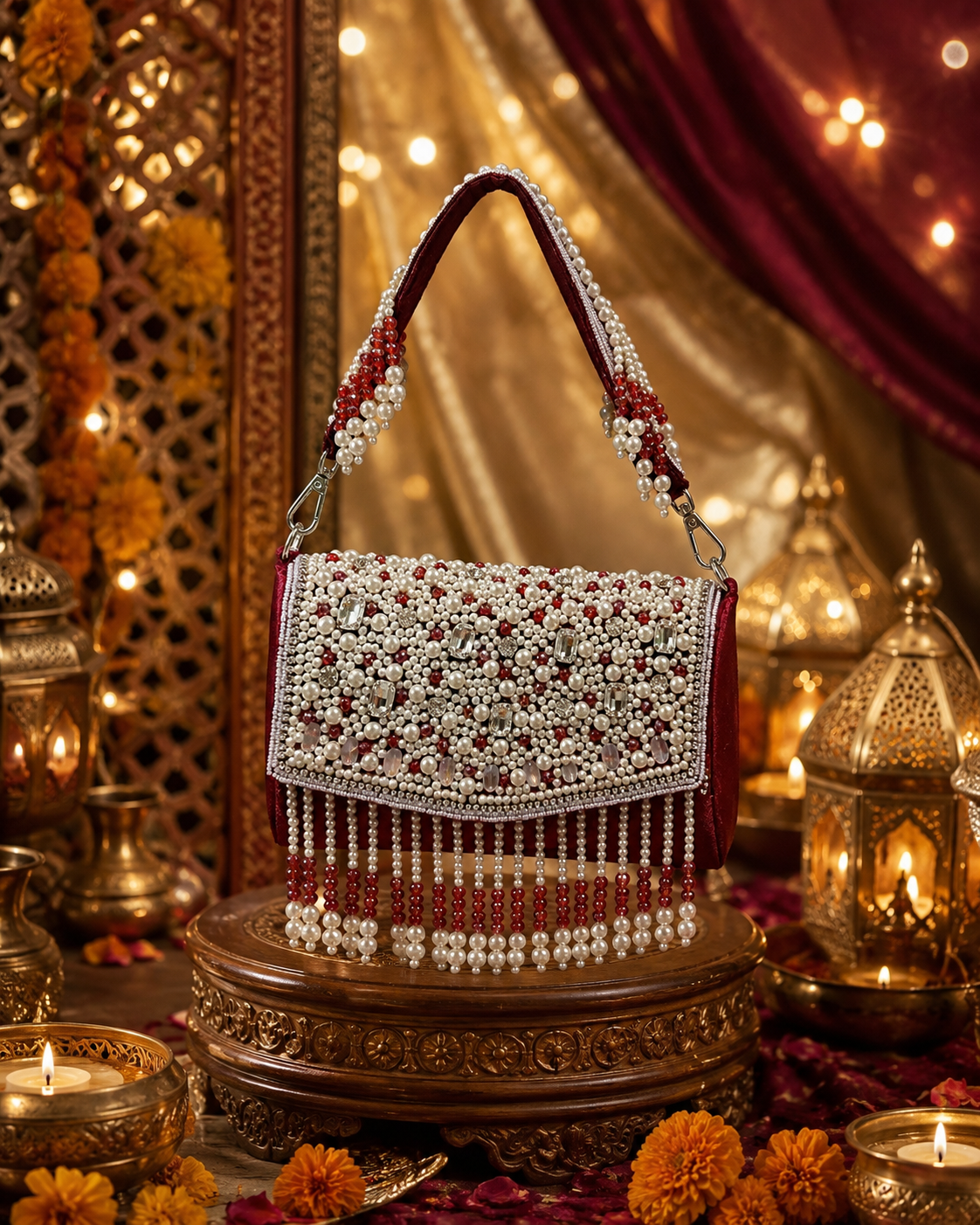 Pearl & Crystal Embellished Velvet Handbag with Detachable Sling