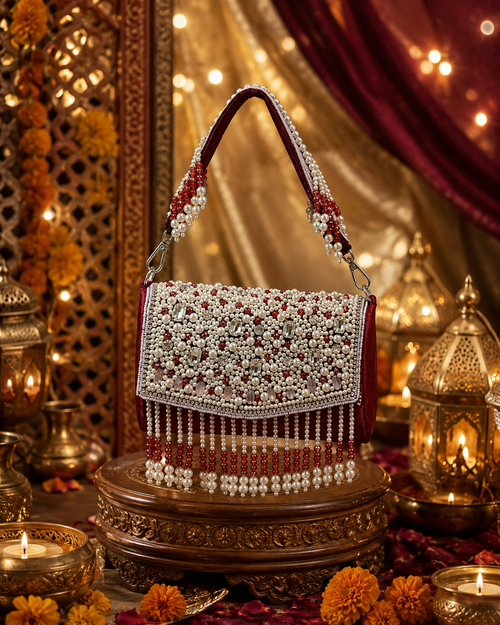 Pearl & Crystal Embellished Velvet Handbag with Detachable Sling