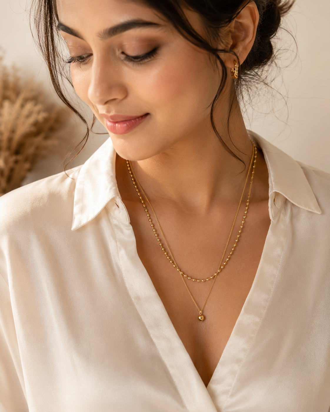 Premium Anti Tarnish Dual Chain Beaded Layered Pendant Necklace for Women | Minimal Gold Stainless Steel Necklace | Waterproof & Hypoallergenic