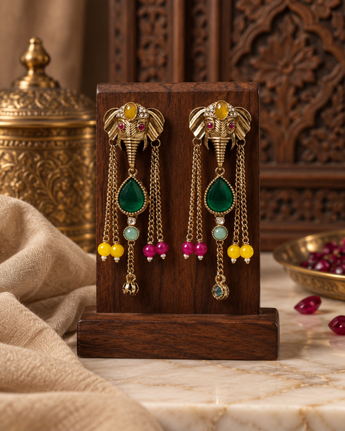Elephant Earrings for Women, Traditional Indian Long Dangle Earrings with Elephant Motif, Multicolor Stone & Bead Detailing, Ethnic Statement Jewellery for Festive & Party Wear