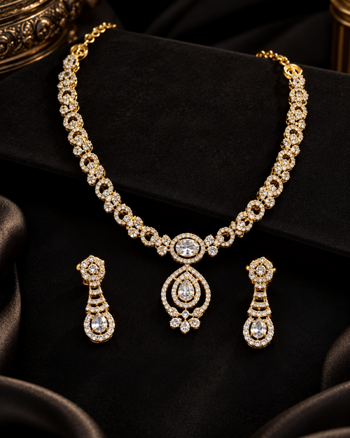 AD Stone Necklace Set for Women, Festive Heavy Look Necklace with Matching Earrings, Indian Jewellery Set for Karwa Chauth, Wedding, Diwali, Cocktail Party & Functions