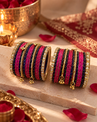 Pink Purple Glass Bangle Set for Women, Designer Kangan Choodiyan with Stone Studded Gold Detailing & Ghungroo Charms, Wedding Festive Jewellery, Sizes 2.4 2.6 2.8